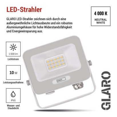 LED reflektor GLARO 10W, weiß, IP65, 1000 lm, neutralweiß