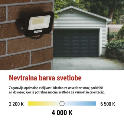 LED reflektor GLARO 20W, črni, IP65, 2000 lm, nevtralna bela