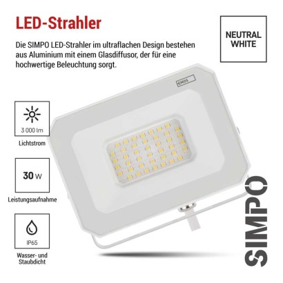 LED reflektor SIMPO 30W, weiß, IP65, 3000 lm, neutralweiß