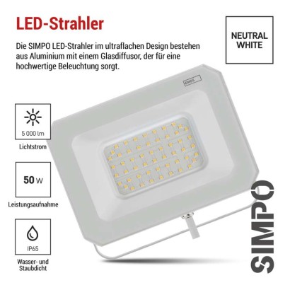 LED reflektor SIMPO 50W, weiß, IP65, 5000 lm, neutralweiß