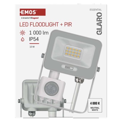 Naświetlacz LED GLARO PIR 10 W, biały, IP54, 1000 lm, neutralna biel