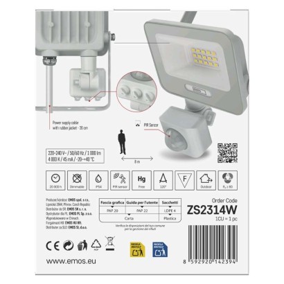 Naświetlacz LED GLARO PIR 10 W, biały, IP54, 1000 lm, neutralna biel