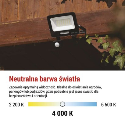 Naświetlacz LED GLARO PIR 30 W, czarny, IP54, 3000 lm, neutralna biel
