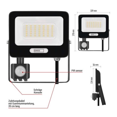 LED reflektor GLARO mit Bewegungssensor, 30 W, schwarz, IP54, 3000 lm, neutralweiß