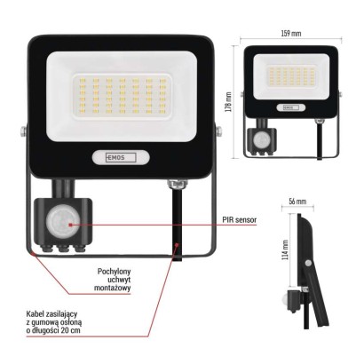 Naświetlacz LED GLARO PIR 30 W, czarny, IP54, 3000 lm, neutralna biel