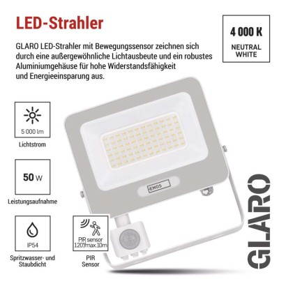 LED reflektor GLARO mit Bewegungssensor, 50 W,weiß, IP54, 5000 lm, neutralweiß
