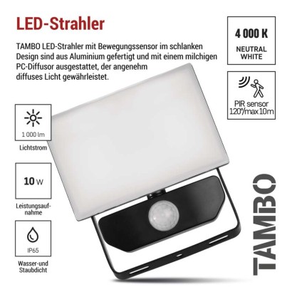 LED-Flutlicht TAMBO mit Bewegungssensor, 10 W, 1000 lm, schwarz