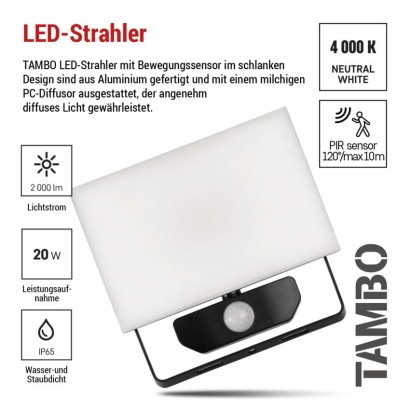 LED-Flutlicht TAMBO mit Bewegungssensor, 20 W, 2000 lm, schwarz