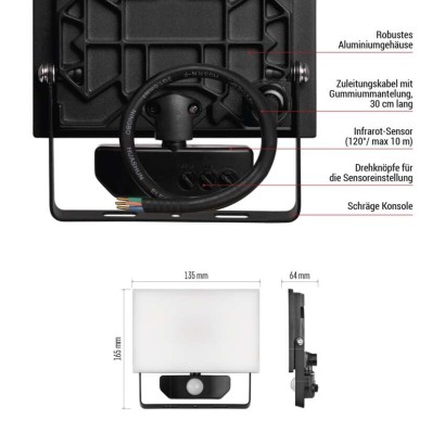 LED-Flutlicht TAMBO mit Bewegungssensor, 20 W, 2000 lm, schwarz