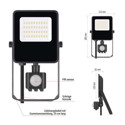 LED-Strahler VISIO mit Bewegungsmelder, 20 W, schwarz, neutral weiß