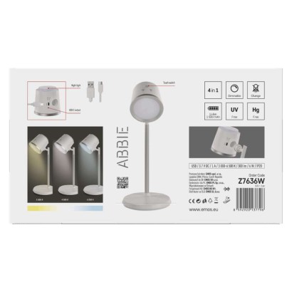 LED Schreibtischlampe ABBIE, wiederaufladbar, weiss