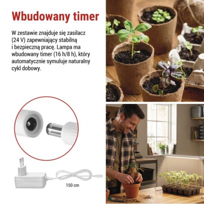 Lampa LED GROW do uprawy roślin - sadzonki 15 W, timer, biała