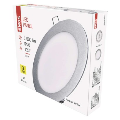 LED panel, vgradni, okrogel, srebrn, 12,5W, nevtralno bela