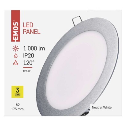 LED panel, vgradni, okrogel, srebrn, 12,5W, nevtralno bela