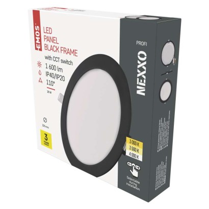 LED panel NEXXO, vgradni, okrogli, črn, 18W, nastavljiva CCT