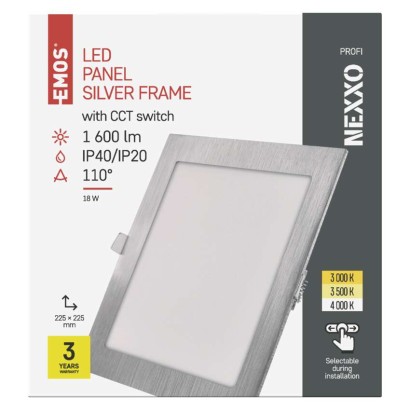 LED panel NEXXO, vgradni,  kvadratni, srebrn, 18W, nastavljiva CCT