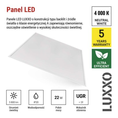 Panel LED LUXXO 60×60 22W IP20 neutralna biel UGR