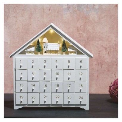 LED Adventskalender aus Holz, 35x33 cm, 2x AA, Innen, warmweiss, Timer