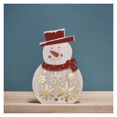 LED Weihnachts-Schneemann Holz, 30 cm, 2x AAA, Innen, warmweiss, Timer