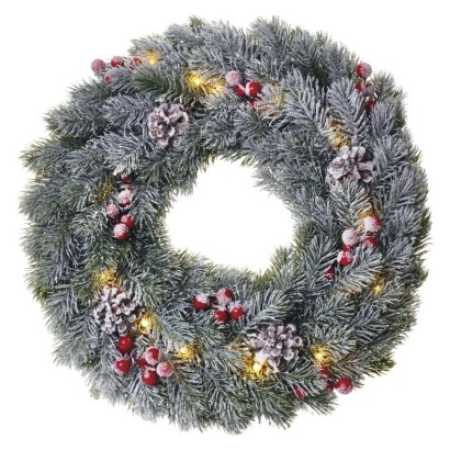 LED karácsonyi koszorú, havas, 38 cm, 2x AA, beltéri, meleg fehér, időzítő