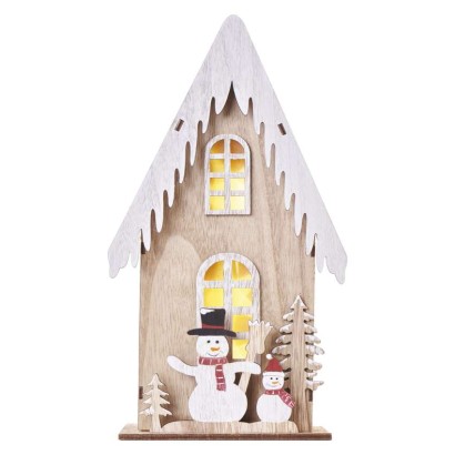 LED Holzdekoration – Häuschen mit Schneemännern, 28,5 cm, 2x AA, Innen, warmweiss, Timer
