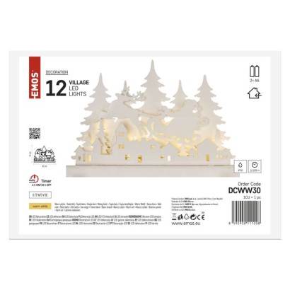 LED dekoráció, fa – karácsonyi falu, 31 cm, 2x AA, beltéri, meleg fehér, időzítő