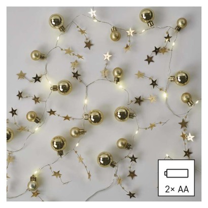 Dekoracje - 20 LED złote kule z gwiazdami 1,9 m, 2x AA, ciepła biel, IP20, timer