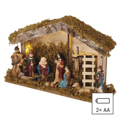 LED karácsonyi betlehem, 17 cm, 2x AA, meleg fehér, időzítő