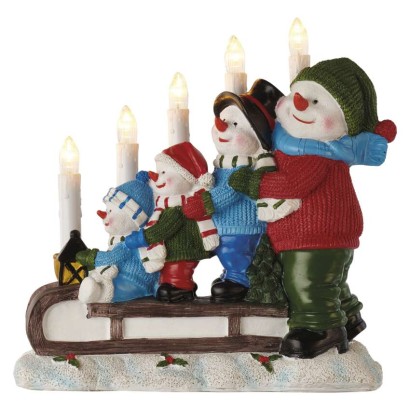 LED Kerzenhalter – Schneemänner auf Schlitten, 24 cm, 2x AA, Innen, warmweiss, Timer