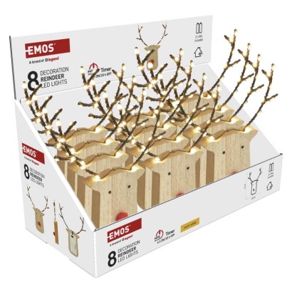LED Holzdekoration –ren, 16 cm, 2x AAA, innen, warmweiß, Zeitschaltuhr,12 Stk.,display box