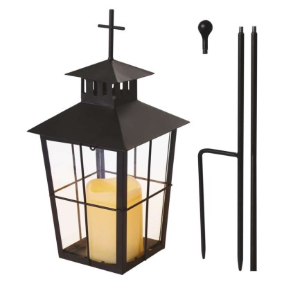 Lampion cmentarny LED, czarny, metalowy, 3x AAA, IP44