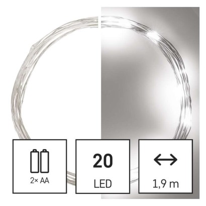 LED Ziemassvētku nano virtene, sudr., 1,9 m, 2x AA, liet. iekšt., auksti balta, ar taimeru