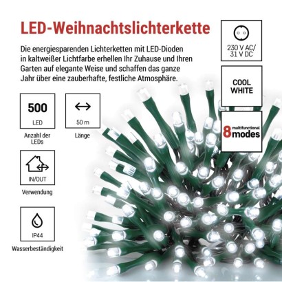 LED Weihnachtliche Lichterkette, 50 m, Außen/Innen, kaltweiß, Programme,  Timer