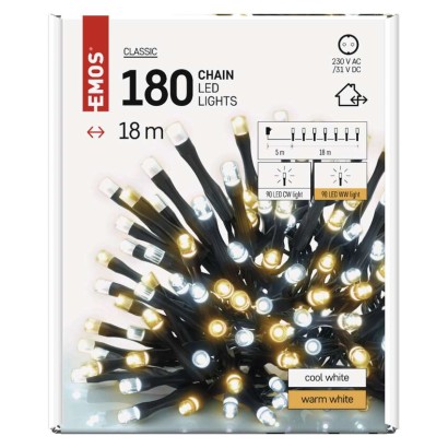 Lampki choinkowe Classic 180 LED 18m ciepła + zimna biel, zielony przewód, IP44, timer
