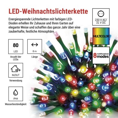 LED Weihnachtliche Lichterkette, 8 m, Außen/Innen, Multicolor, Programme, Timer