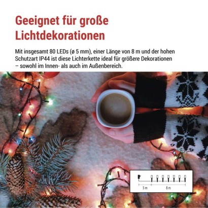 LED Weihnachtliche Lichterkette, 8 m, Außen/Innen, Multicolor, Programme, Timer
