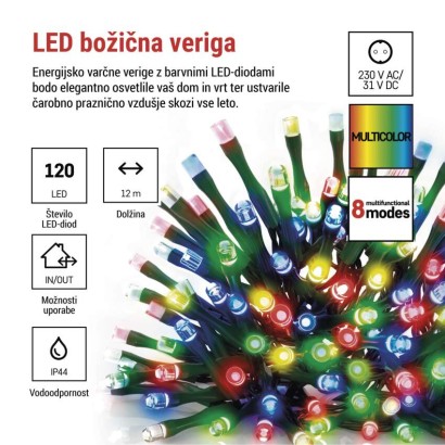 LED božična veriga, 12 m, zunanja in notranja, večbarvna, programi, časovnik