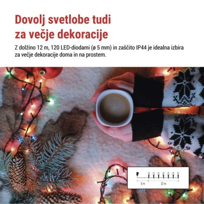 LED božična veriga, 12 m, zunanja in notranja, večbarvna, programi, časovnik
