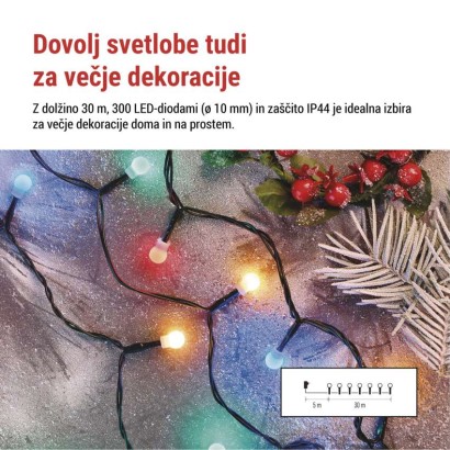 LED božična cherry veriga–kroglice, 30 m, zunanja in notranja, večbarvna,programi,časovnik