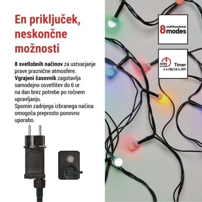 LED božična cherry veriga–kroglice, 48 m, zunanja in notranja, večbarvna,programi,časovnik