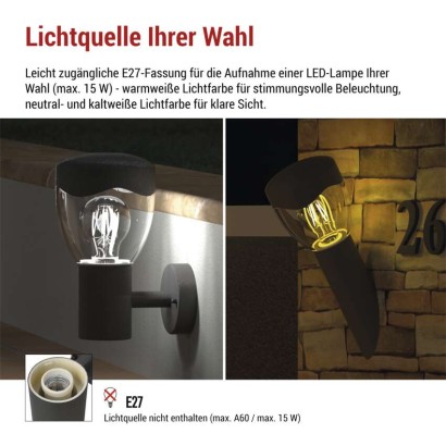 Garten-Wandleuchte ARTEO, 12 x 12 x 33 cm, 1 x E27, 15 W