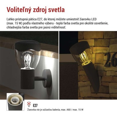 Záhradné nástenné svietidlo ARTEO, 12 x 12 x 33 cm, 1 x E27, 15 W