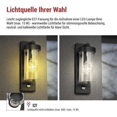 Garten-Wandleuchte ZALA mit Dämmerungssensor, 12,8 × 8 × 28 cm, 1 × E27, 15 W