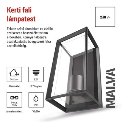 Kerti fali lámpa MALVA, 13 x 12 x 25 cm, 1 x E27, 15 W