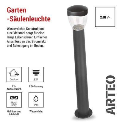 Garten-Pollerleuchte ARTEO, 12 x 12 x 80 cm, 1 x E27, 15 W