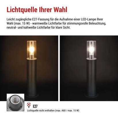 Garten-Pollerleuchte ZALA, 14 x 14 x 50 cm, 1 x E27, 15 W