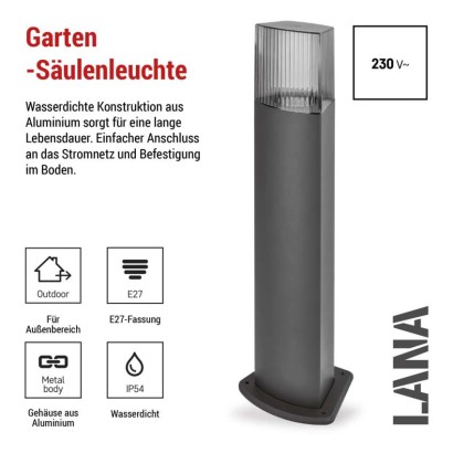 Garten-Pollerleuchte LANA, 15,4 x 13,3 x 75 cm, 1 x E27, 25 W
