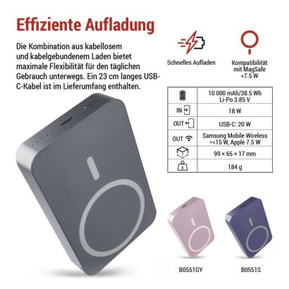 Powerbank EMOS WI 1046, 10 000 mAh, 20 W+Wireless, blau
