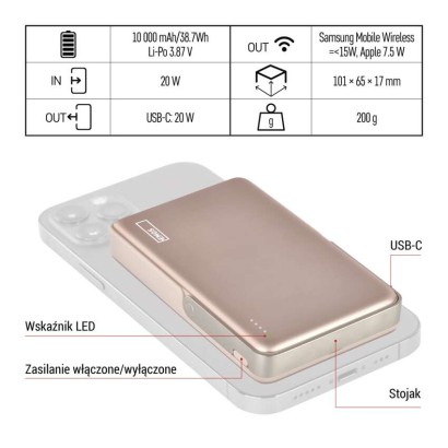 Powerbank EMOS WI 1031, 10 000 mAh, 20 W + wireless, różowo-złoty