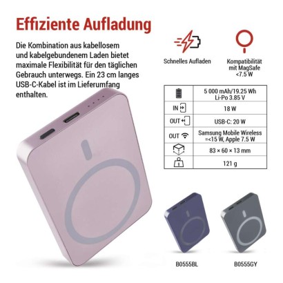 Powerbank EMOS WI 522, 5 000 mAh, 20 W+Wireless, lachs